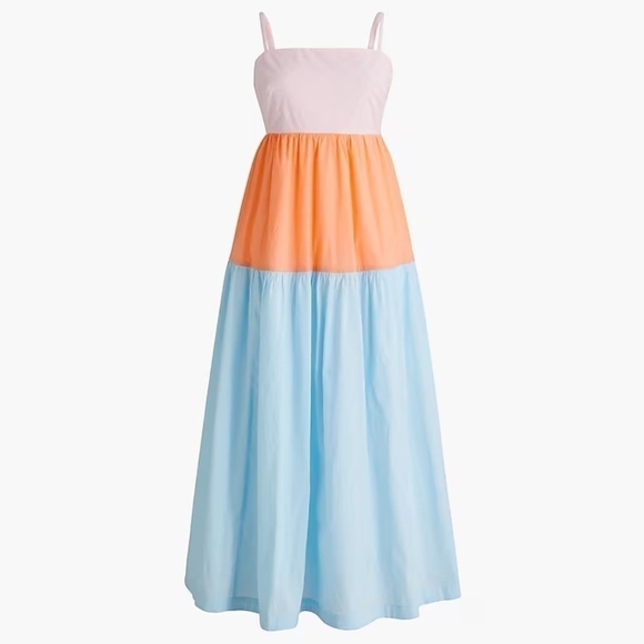 New! J. Crew Colorblock Tie Back Tiered Cotton Spaghetti Strap Maxi Dress - Picture 1 of 15